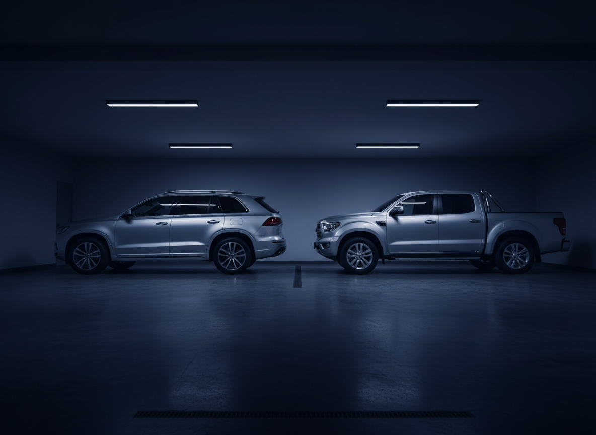 Dark navy cinematic garage scene with silver SUV and pickup truck